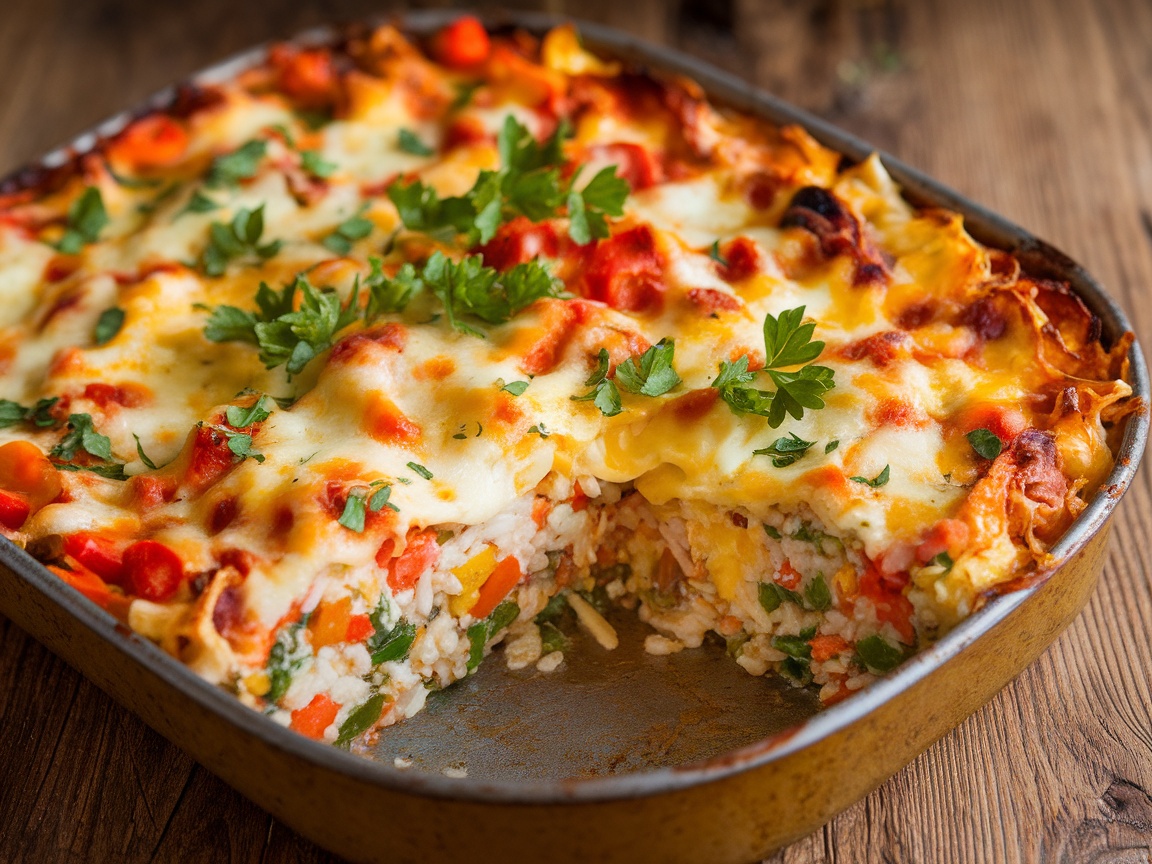 Savory Leftover Rice Casserole Recipe A golden brown leftover rice casserole with vegetables and cheese, garnished with parsley, in a rustic baking dish.